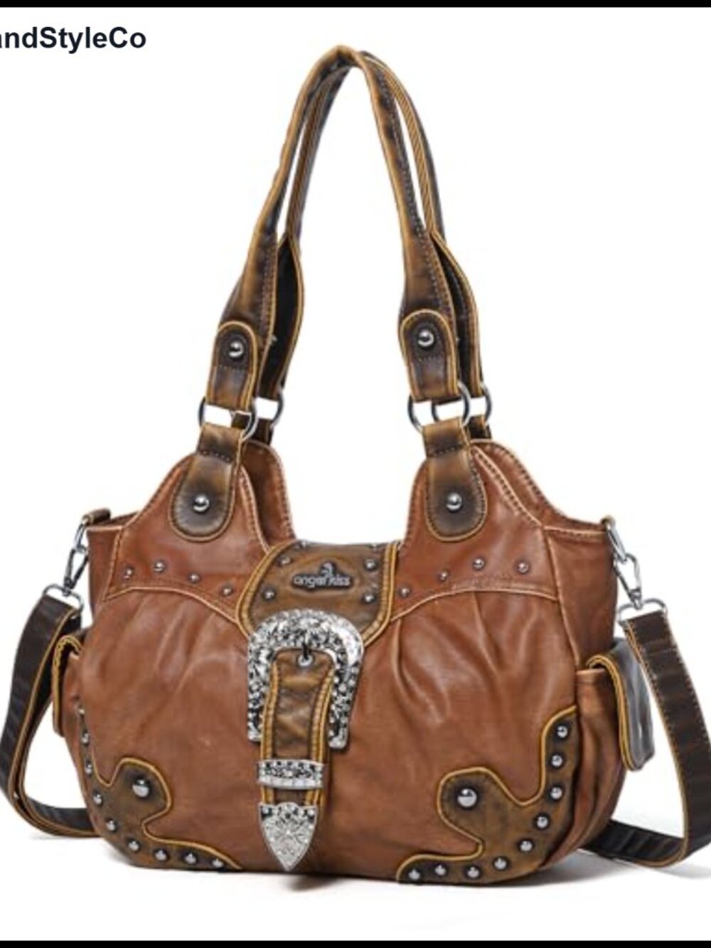 Vegan Leather Hobo Bag with Metal Studs and Adjustable Strap